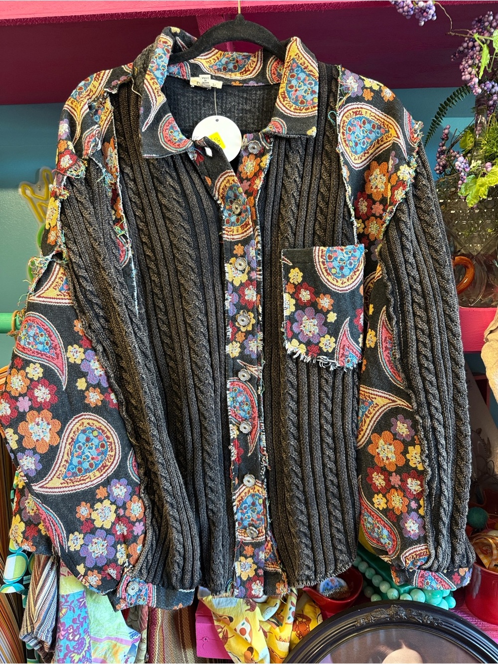 POL Black Cable-Knit Button-Down Shirt with Multicolor Paisley & Floral Panels